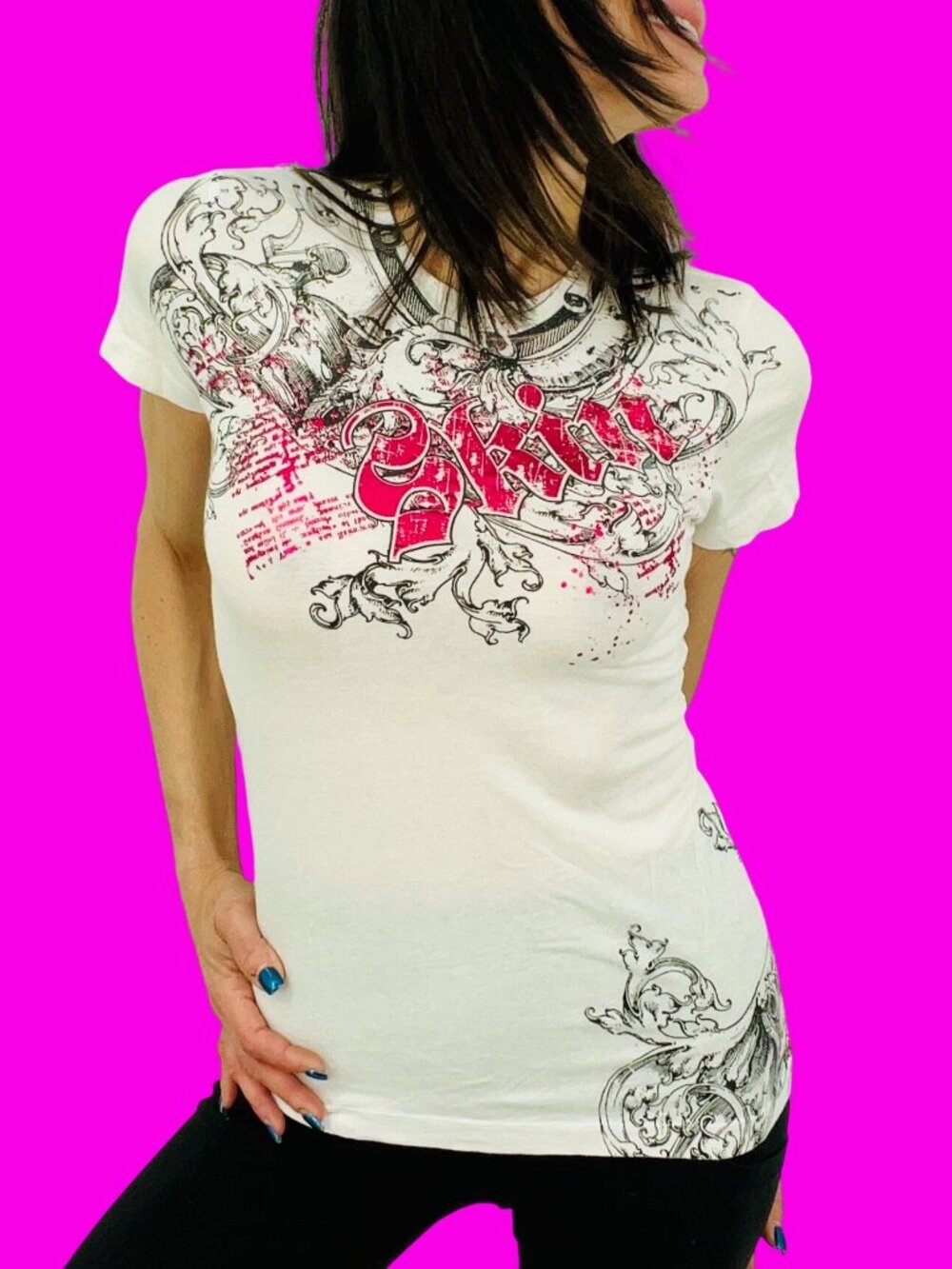 RARE Vintage 90s SKIN Fitted Metallic Tattoo Graphic Logo Tee | Y2K - Picture 11 of 16